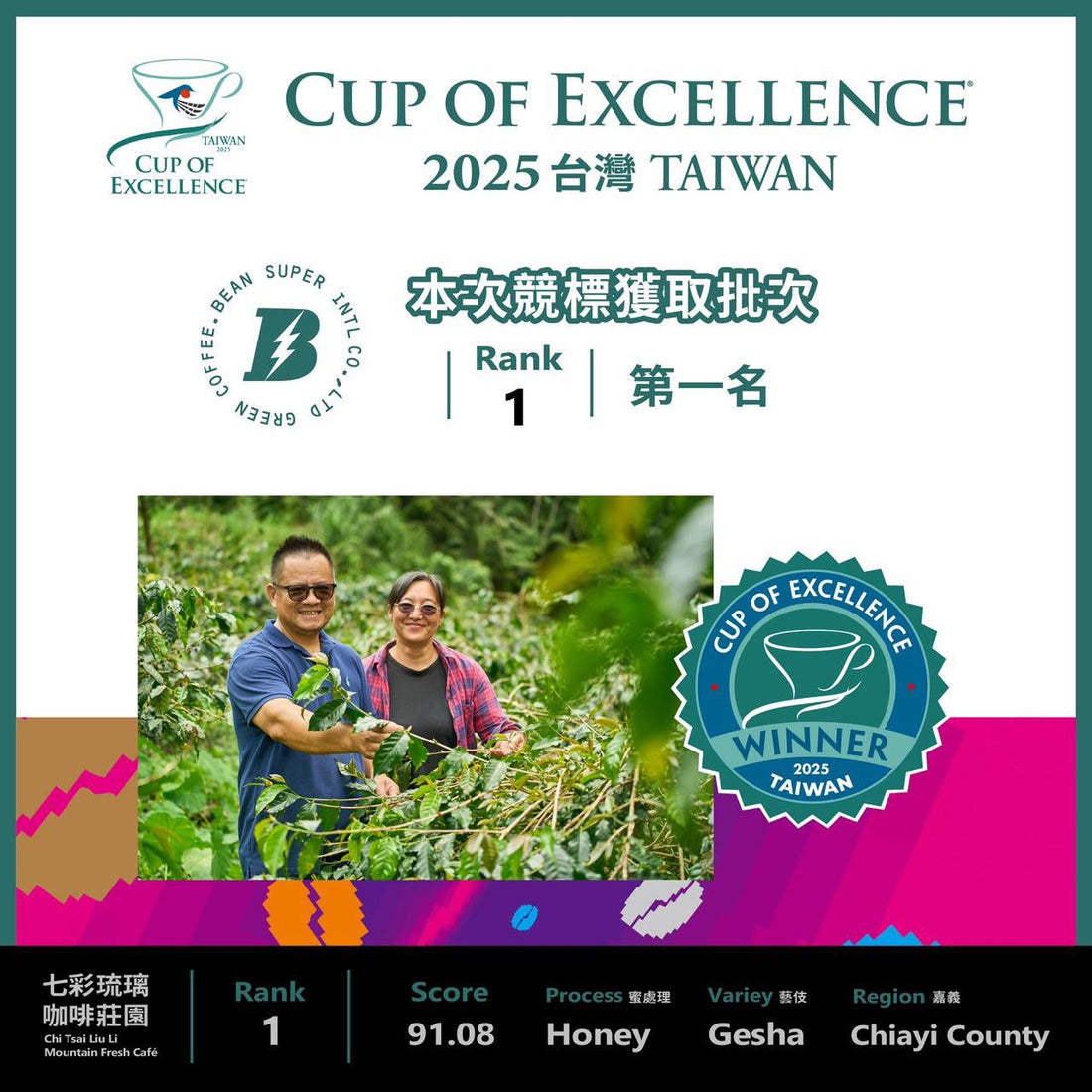 【🏆2025 台灣COE 第一名 標王】台灣｜七彩琉璃咖啡莊園 藝伎 蜜處理 淺焙｜咖啡豆 掛耳包